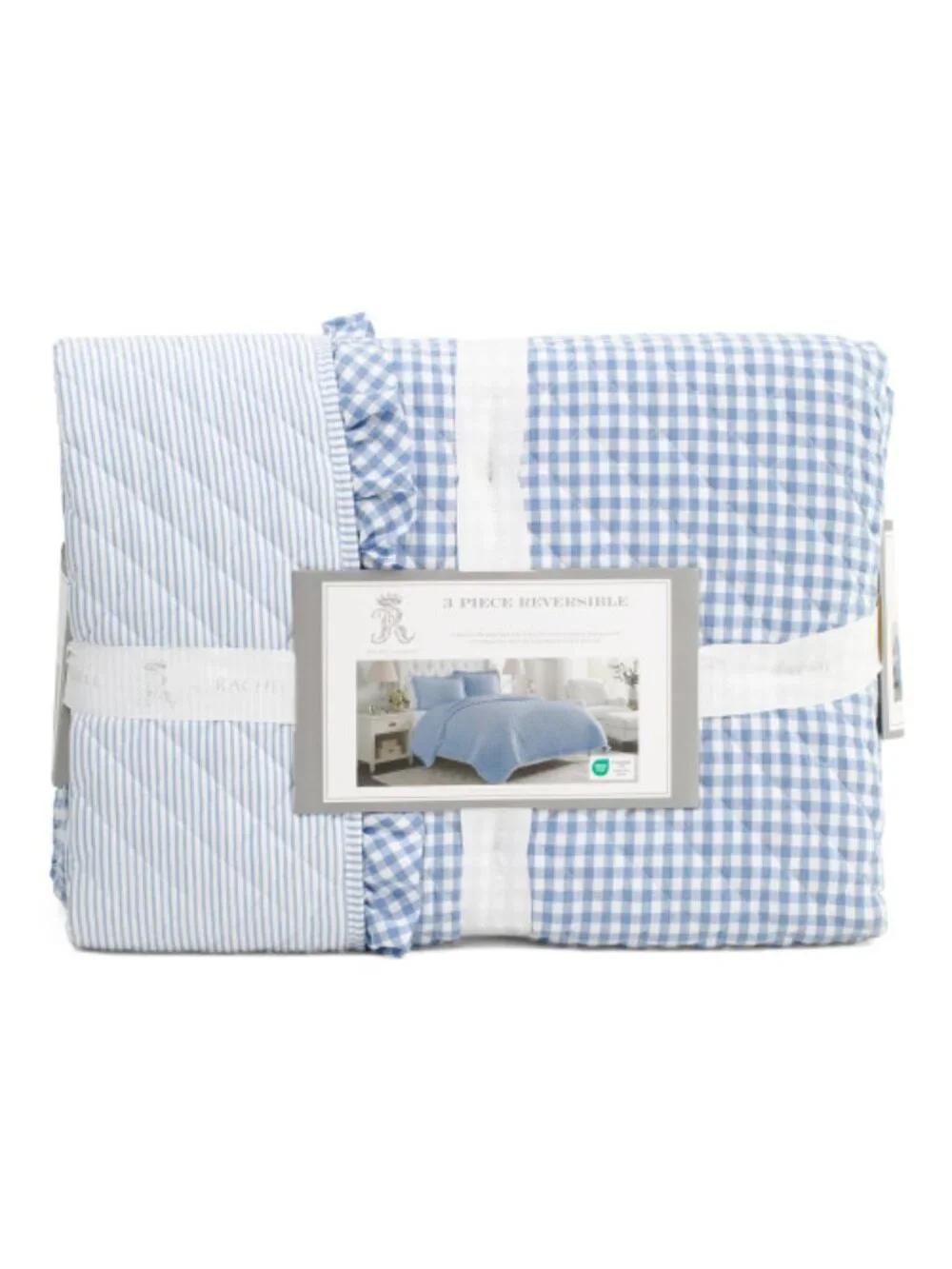 RACHEL ASHWELL 3pc Reversible Striped Gingham Quilt Set